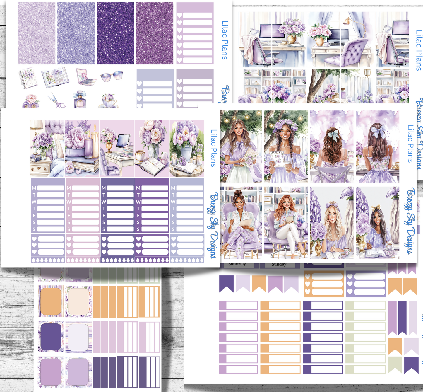 Collection of planner stickers with various designs and layouts on a white background.
